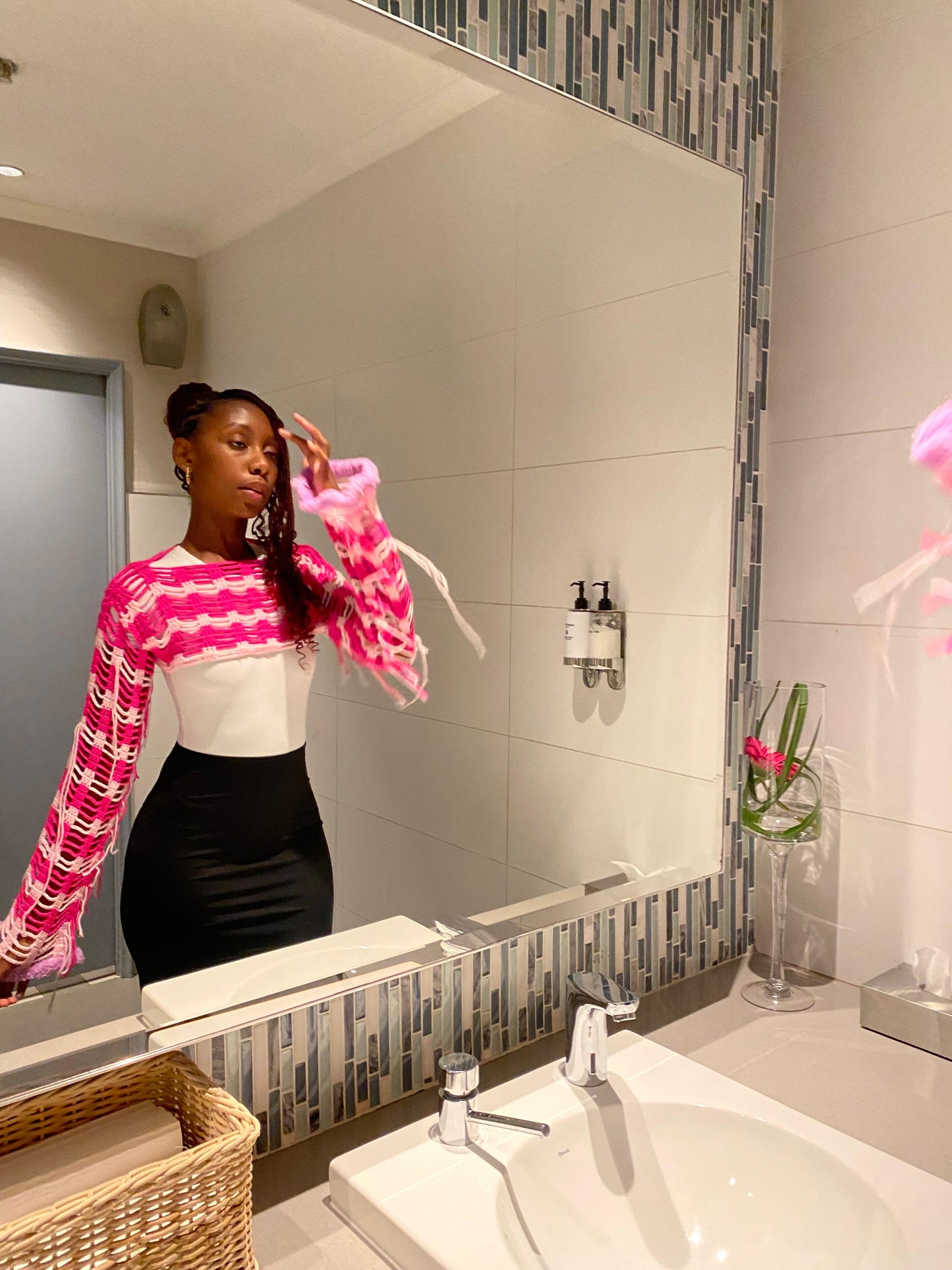 Wavy Crochet Shrug – Pink Ombre Statement Sleeves