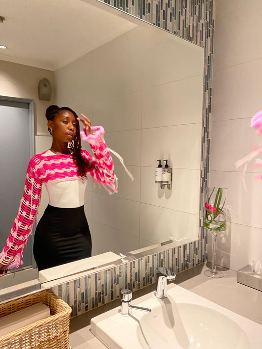 Wavy Crochet Shrug – Pink Ombre Statement Sleeves