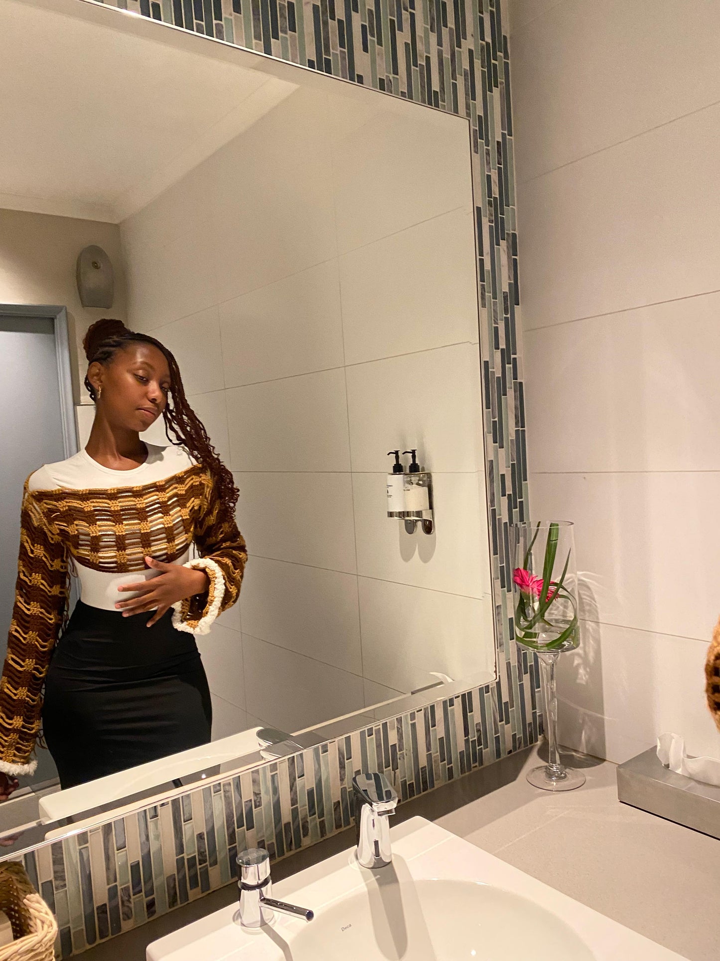 Handmade Crochet Off-Shoulder Shrug – Brown & White Wave Pattern