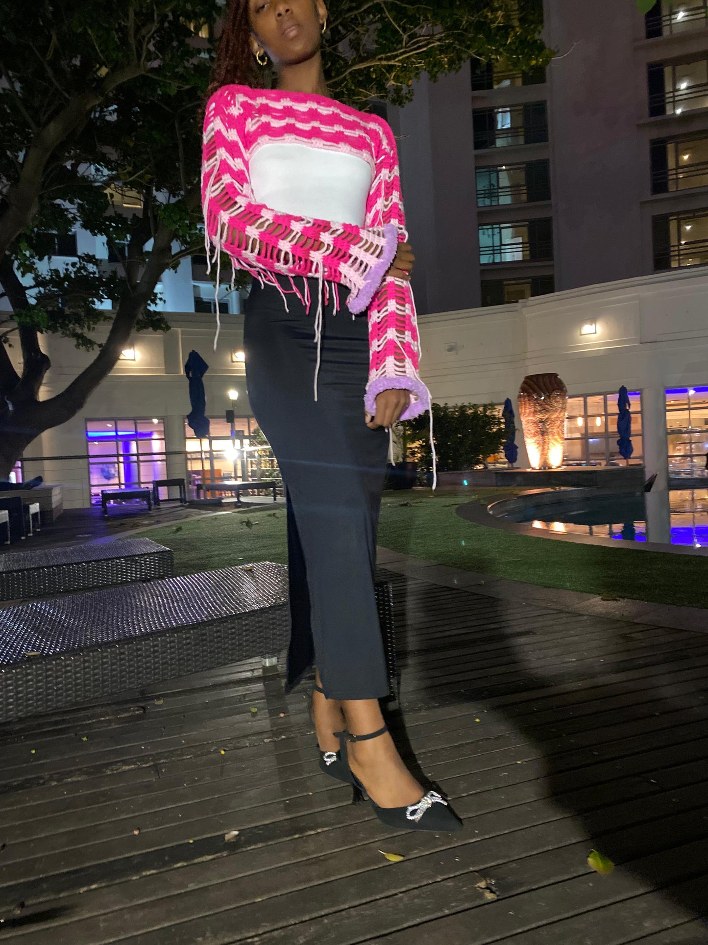 Wavy Crochet Shrug – Pink Ombre Statement Sleeves