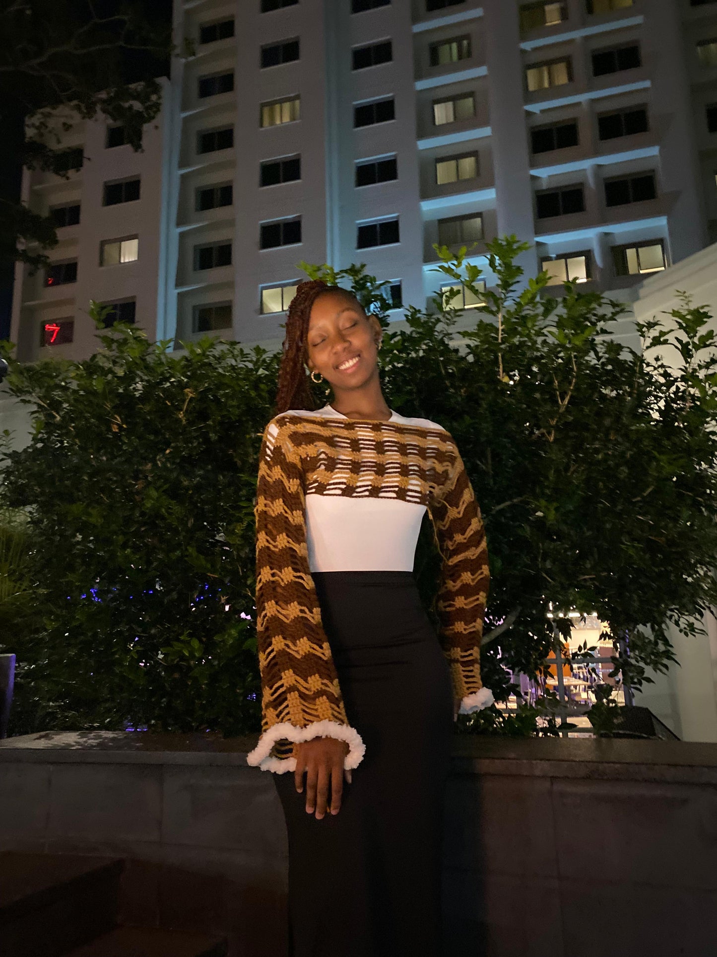 Handmade Crochet Off-Shoulder Shrug – Brown & White Wave Pattern