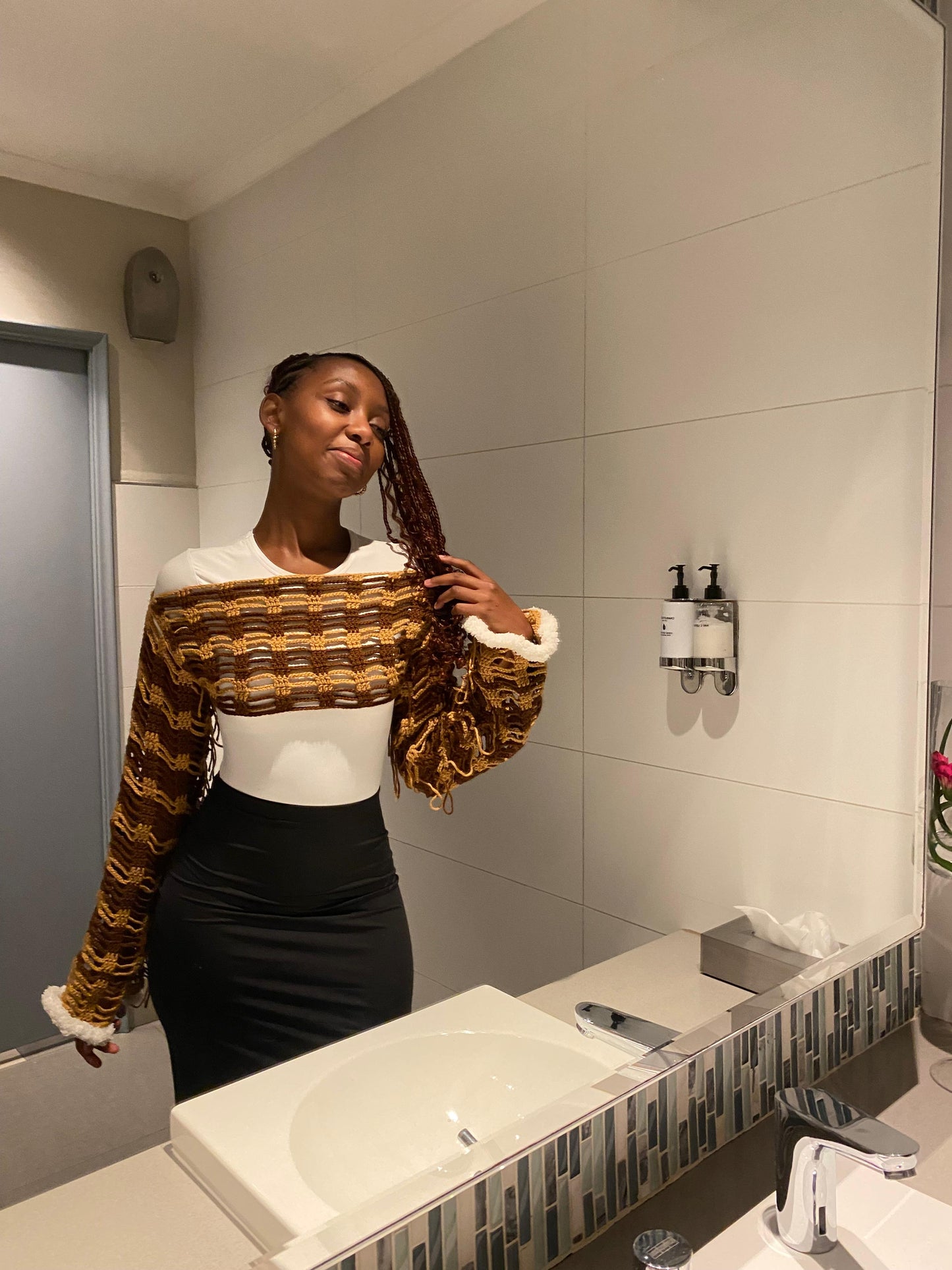 Handmade Crochet Off-Shoulder Shrug – Brown & White Wave Pattern