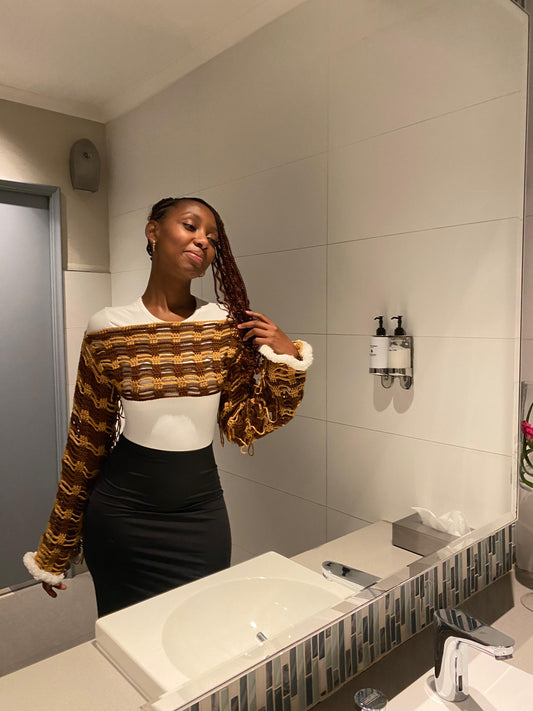 Handmade Crochet Off-Shoulder Shrug – Brown & White Wave Pattern