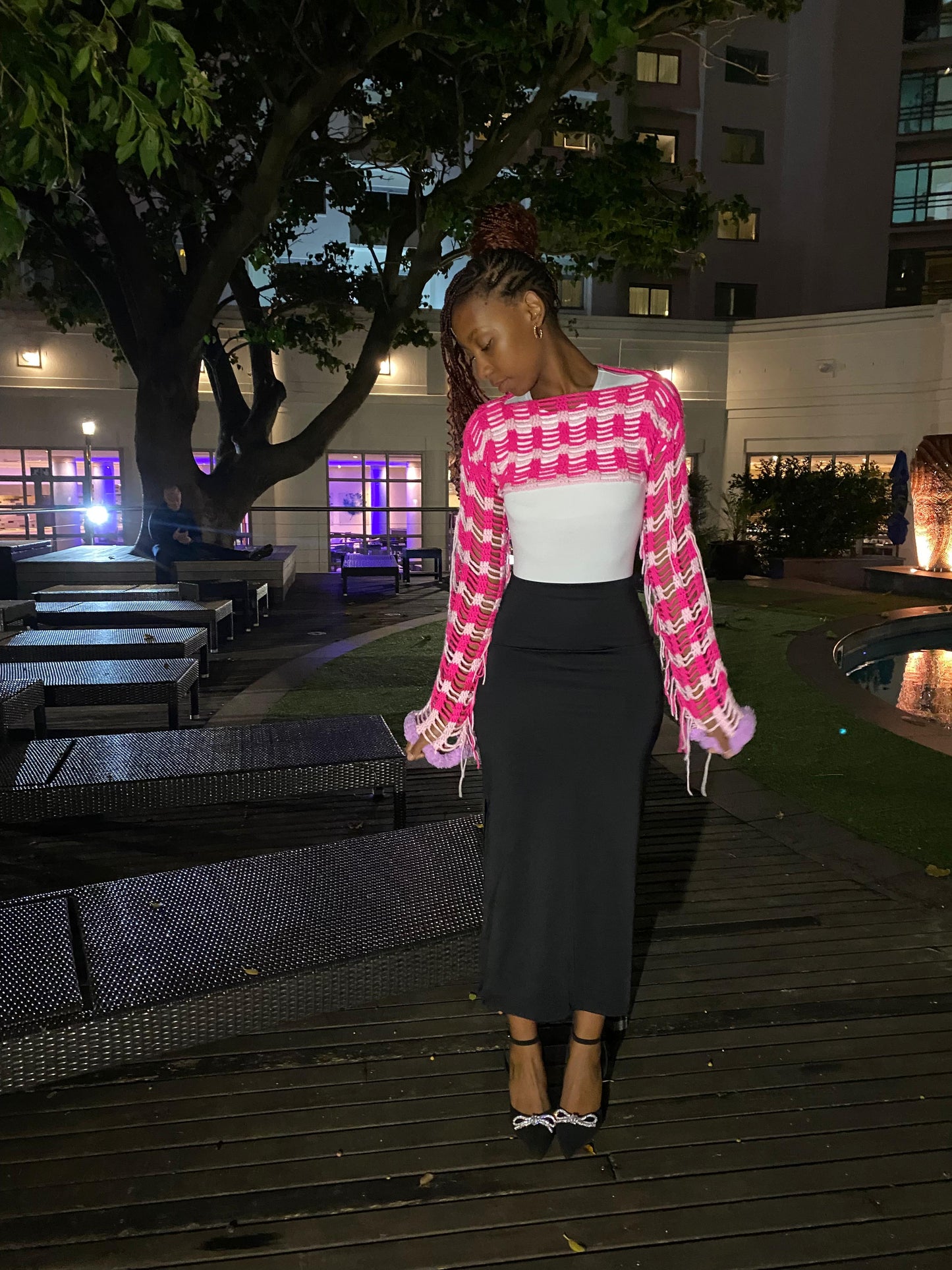 Wavy Crochet Shrug – Pink Ombre Statement Sleeves