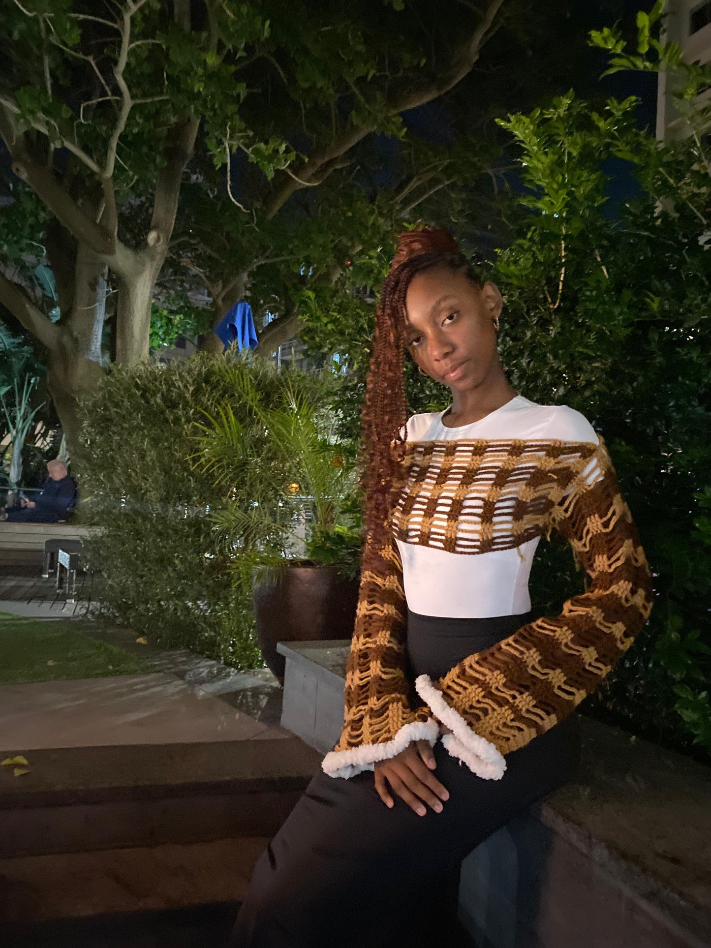 Handmade Crochet Off-Shoulder Shrug – Brown & White Wave Pattern